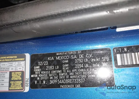 2024 Kia Forte Gt-Line z USA, uszkodzony, nr VIN 3KPF54AD8RE732837